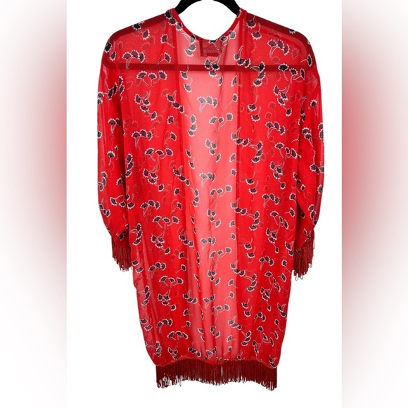 Floral kimono pool beach coverup, Med, red fringe lightweight sheer long sleeves - Picture 8 of 8